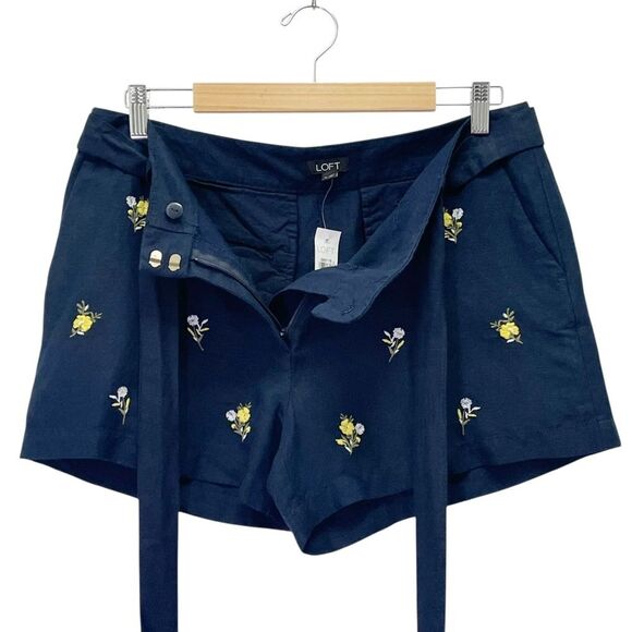 NWT LOFT Navy Blue Floral Embroidered Tie Waist Shorts Size 10 Linen Blend New - Picture 5 of 12